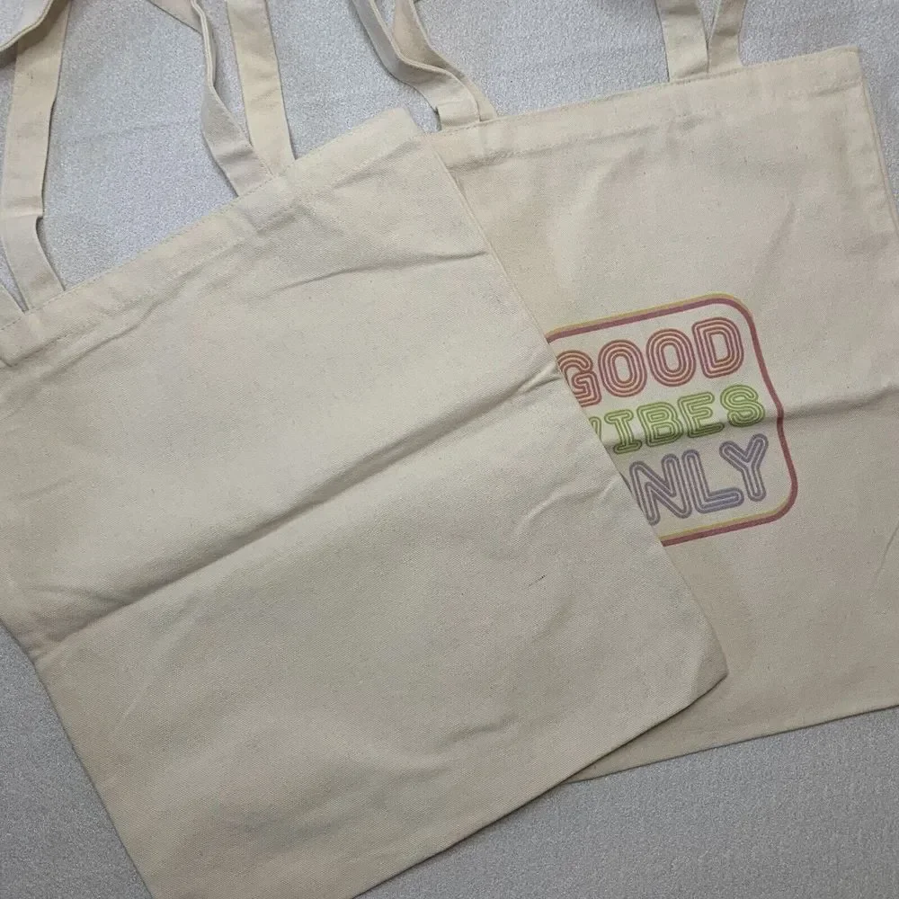 2 Tote Bags Canvas Beach Reusable Grocery Shopping Eco Friendly Good Vibes Only